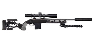 Rifle equipped with Furiosa Chassis Micarta by WOOX, right side view