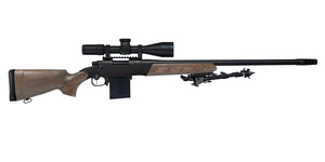 Rifle equipped with Wild Man Stock Dark Forest Green by WOOX, right side view