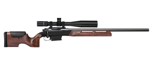 Rifle equipped with Titano F-Class Stock Walnut by WOOX, right side view