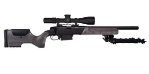 Rifle equipped with Exactus Stock Midnight Grey by WOOX, right side view