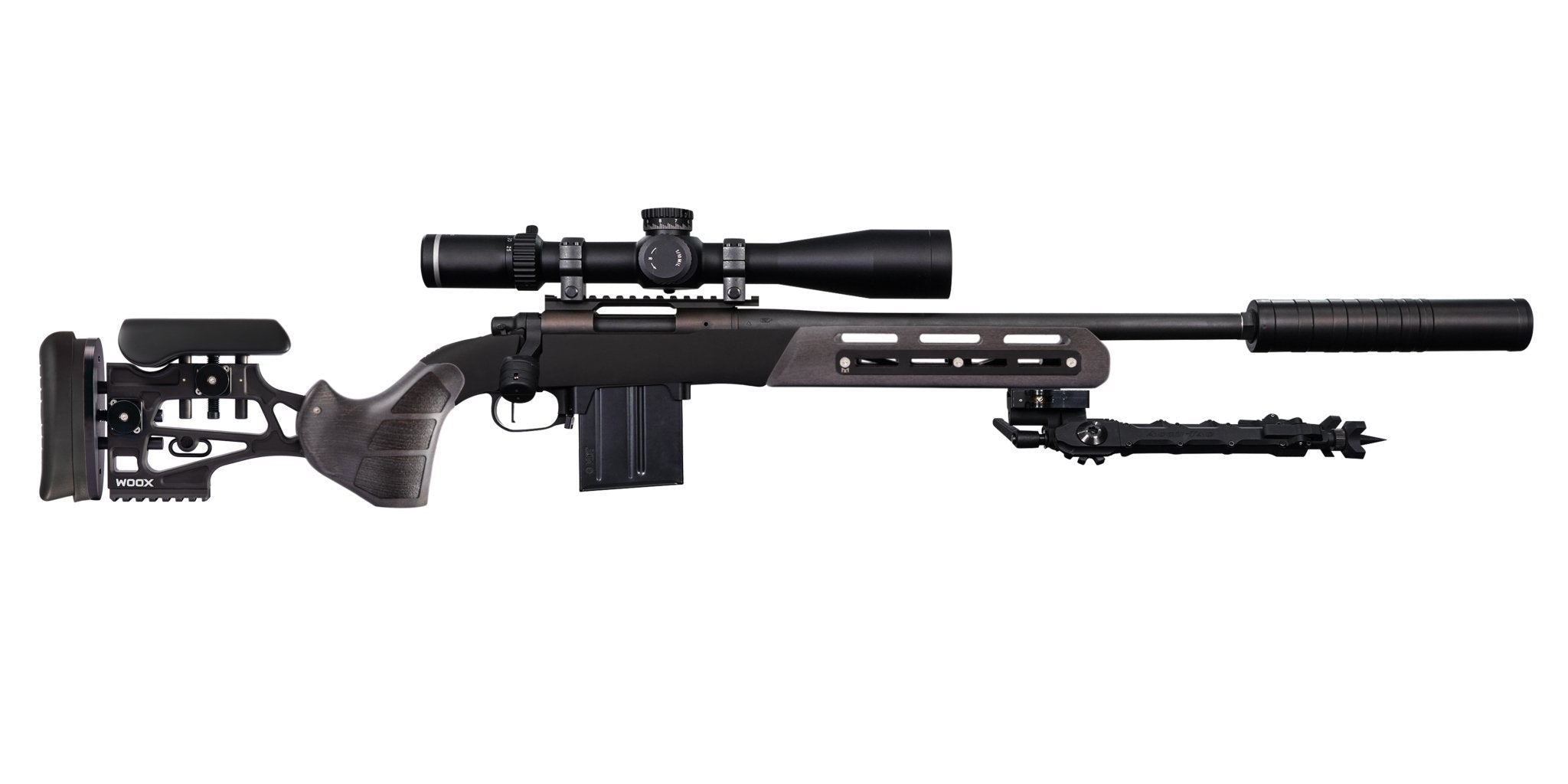 Rifle equipped with Furiosa Chassis Midnight Grey by WOOX, right side view