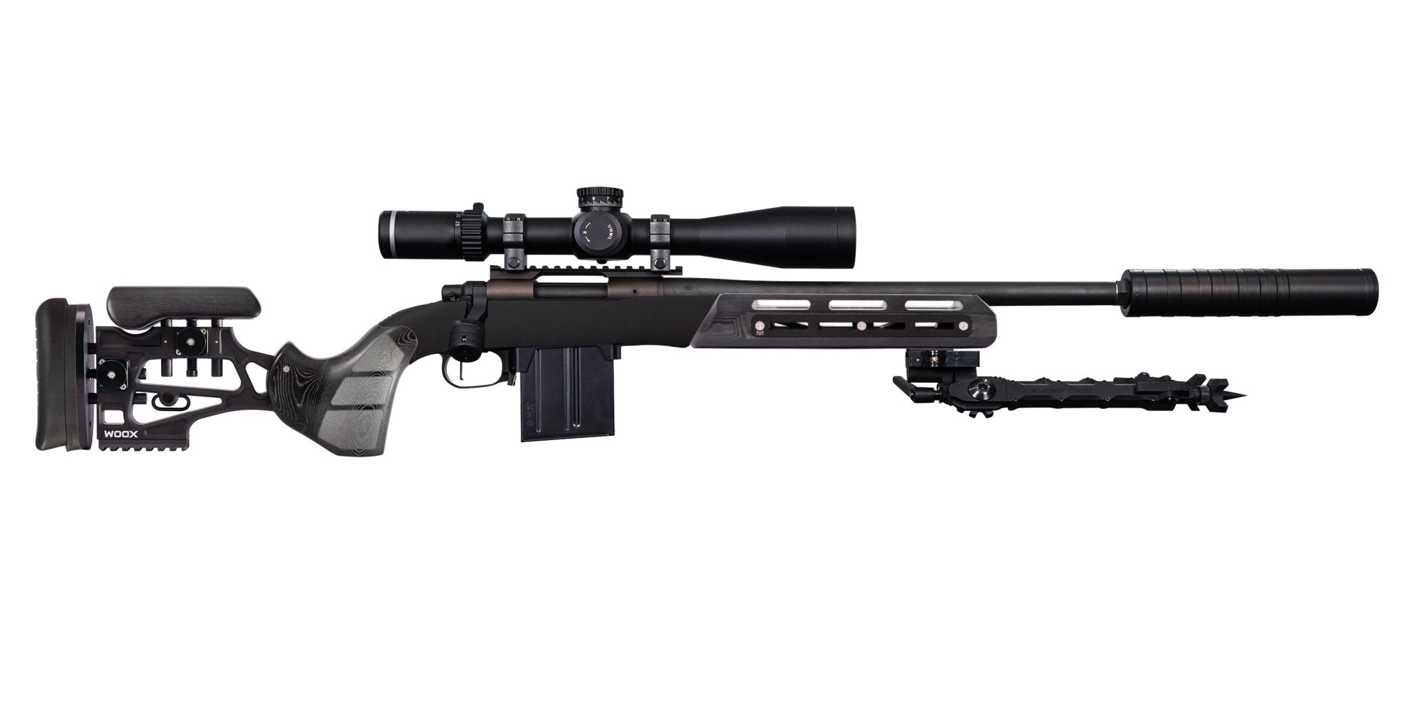 Rifle equipped with Furiosa Chassis Micarta by WOOX, right side view